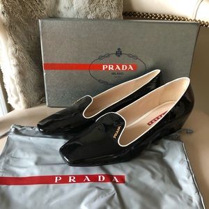 Prada black patent leather wedge loafers
